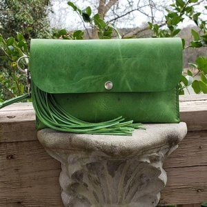 Green Leather Clutch Wristlet with Tassel